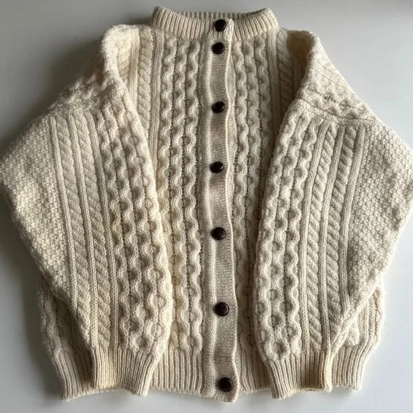 Vintage Irish Hand Knit Wool Cable Cardigan Fisherman Aran Handmade in Ireland - Picture 11 of 14